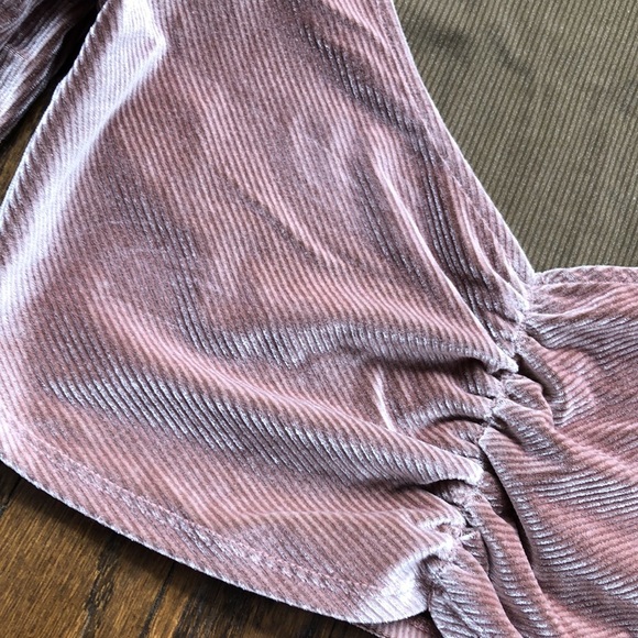 Vintage Velvet Ribbed Ruched Mauve Pale Pink Stretch Boho Bohemian Crop Top - Picture 3 of 5